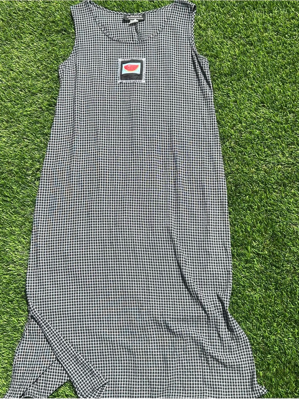 Sleeveless Black & White Gingham Maxi Skirt with Watermelon Patch